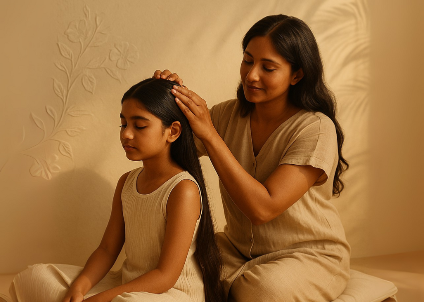 Mother–daughter ritual hair oiling
